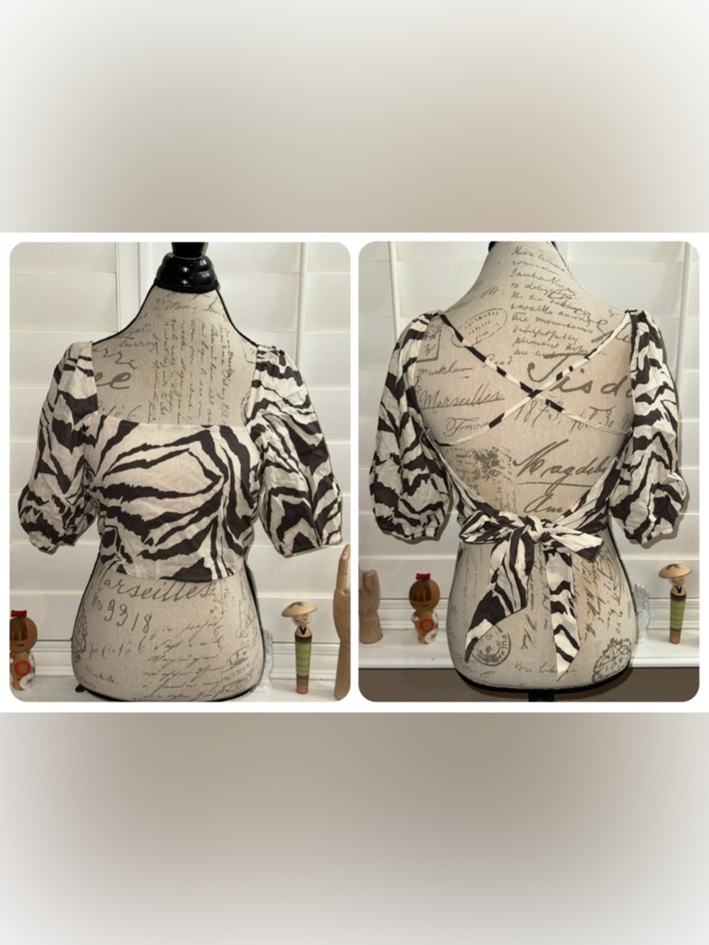 Halara Square Neck Puff Sleeve Linen Blend Tie Back Zebra Print Crop